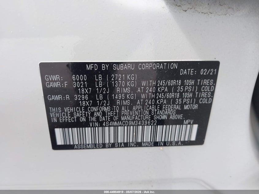 2021 Subaru Ascent VIN 4S4WMACD9M3439622 IAAI salvage auction — HAIL, Salvage (Ohio), sold $7,600 on 2026-07-29 (photo 9)