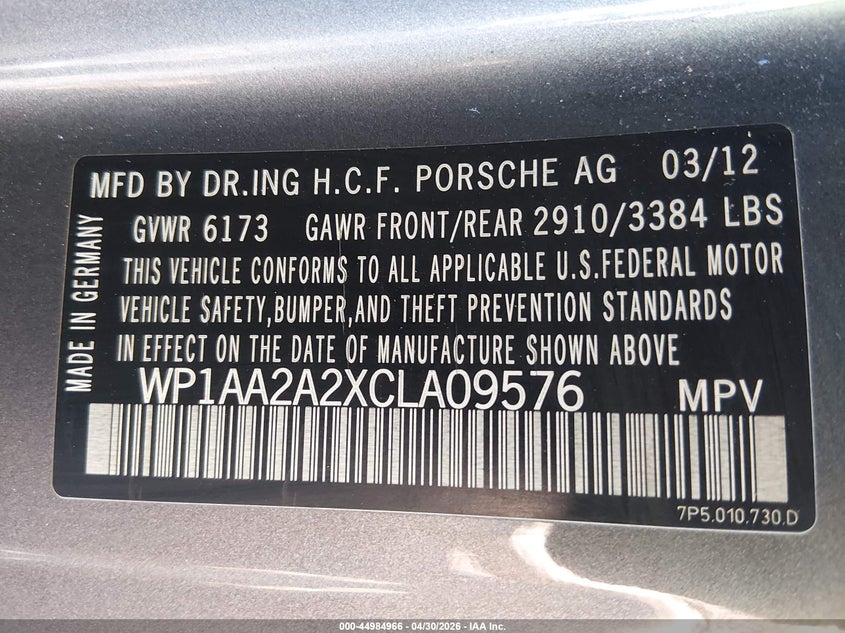 2012 Porsche Cayenne VIN WP1AA2A2XCLA09576 IAAI salvage auction — UNDERCARRIAGE, Salvage (Nevada), sold $3,125 on 2026-09-06 (photo 9)