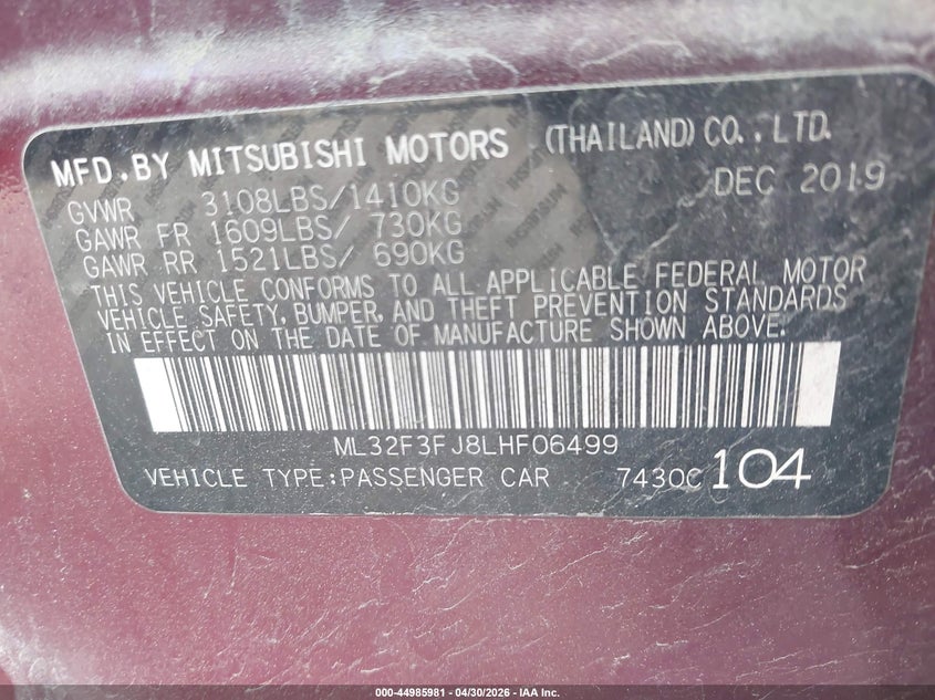 2020 Mitsubishi Mirage VIN ML32F3FJ8LHF06499 IAAI salvage auction — FRONT END, Salvage - Greater Than 75% (Maryland), sold $475 on 2026-07-07 (photo 9)