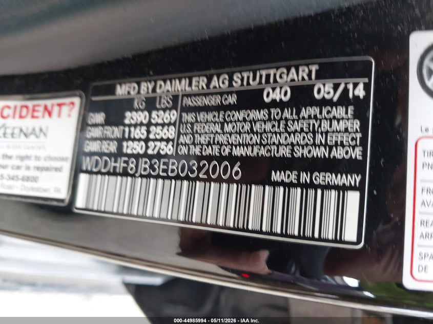 2014 Mercedes-benz VIN WDDHF8JB3EB032006 IAAI salvage auction — FRONT & REAR, Salvage (Massachusetts), sold $1,125 on 2026-07-21 (photo 9)