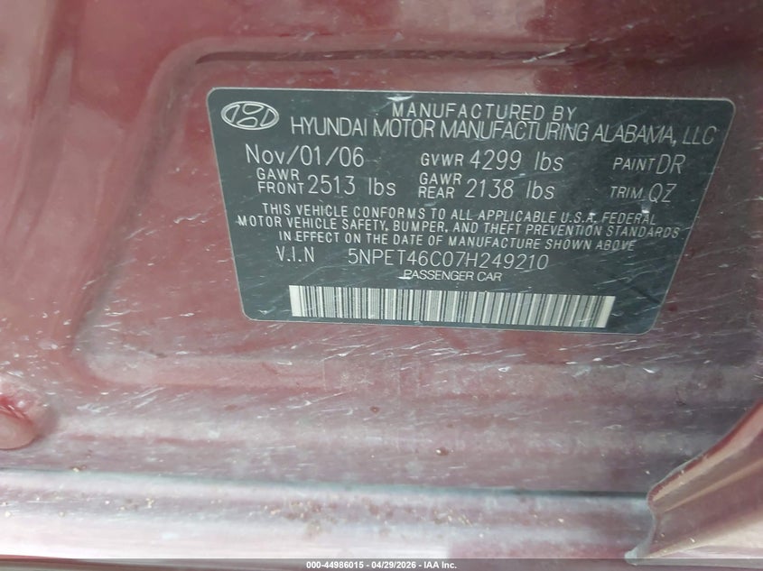 2007 Hyundai Sonata VIN 5NPET46C07H249210 IAAI salvage auction — RIGHT FRONT, Salvage (Texas), sold $300 on 2026-07-21 (photo 9)
