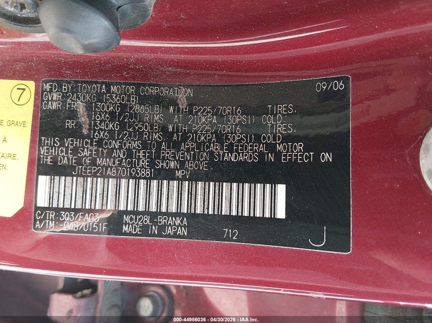 2007 Toyota Highlander VIN JTEEP21A870193881 IAAI salvage auction — FRONT & REAR, Bill Of Sale (Washington), sold $450 on 2026-07-08 (photo 9)