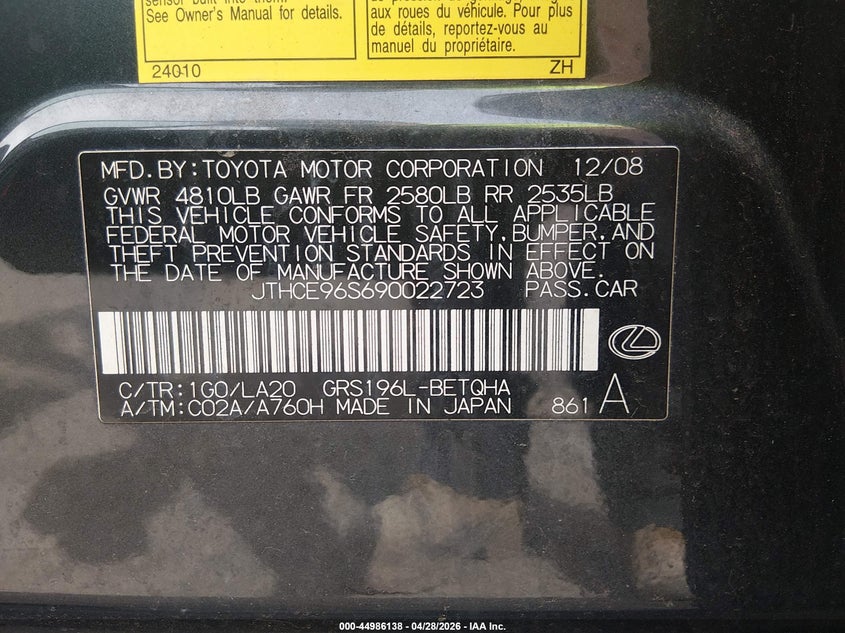2009 Lexus Gs VIN JTHCE96S690022723 IAAI salvage auction — RIGHT SIDE, Clear (Massachusetts), sold $525 on 2026-07-09 (photo 9)