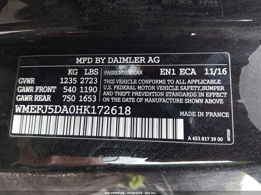 2017 Smart Fortwo VIN WMEFJ5DA0HK172618 IAAI salvage auction — FRONT & REAR, Salvage (Massachusetts), sold $4,550 on 2026-07-17 (photo 9)