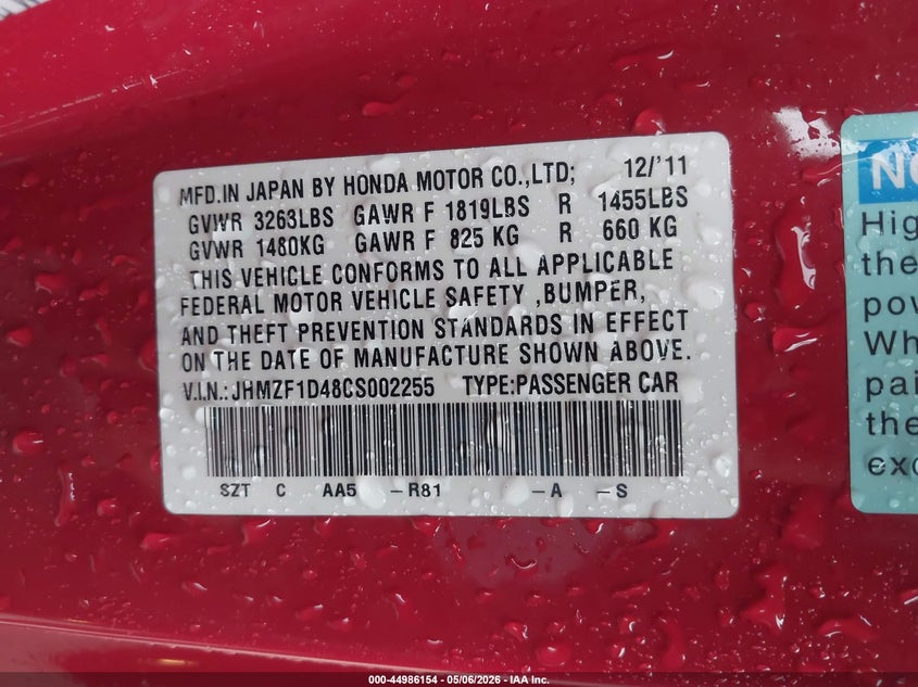 2012 Honda Cr-z VIN JHMZF1D48CS002255 IAAI salvage auction — FRONT END, Salvage (Tennessee), sold $300 on 2026-07-22 (photo 9)