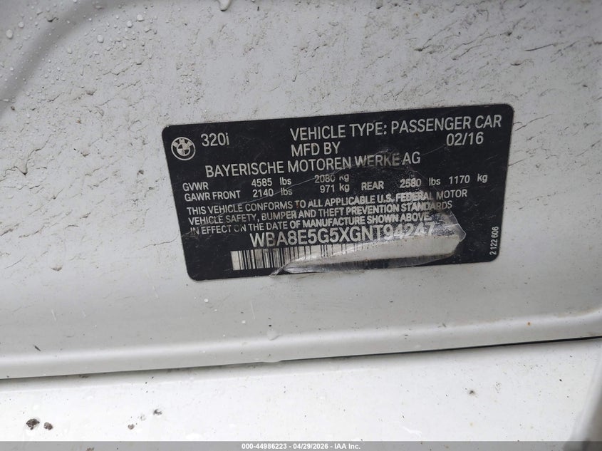 2016 BMW 3er VIN WBA8E5G5XGNT94247 IAAI salvage auction — RIGHT FRONT, Salvage (Ohio), sold $700 on 2026-07-14 (photo 9)