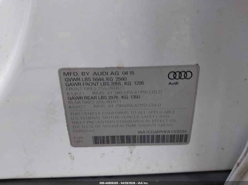 2015 Audi Sq5 VIN WA1CGAFP0FA133034 IAAI salvage auction — FRONT END, Salvage Title, sold $2,550 on 2026-07-20 (photo 9)