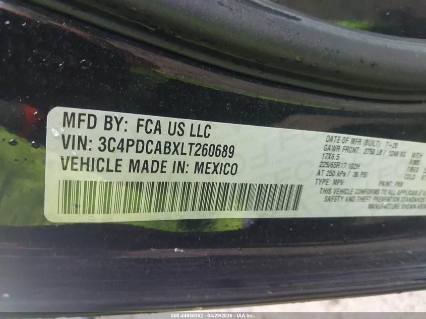 2020 Dodge Journey VIN 3C4PDCABXLT260689 IAAI salvage auction — FRONT END, Salvage (Ohio), sold $2,125 on 2026-08-01 (photo 9)