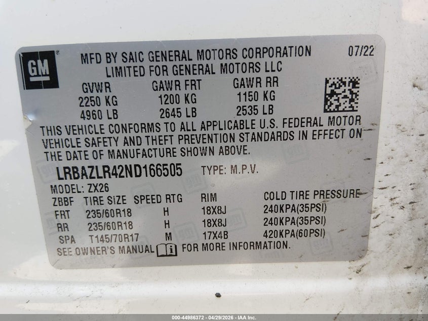 2022 Buick Envision VIN LRBAZLR42ND166505 IAAI salvage auction — FRONT END, Wait Title, sold $4,500 on 2026-07-12 (photo 9)