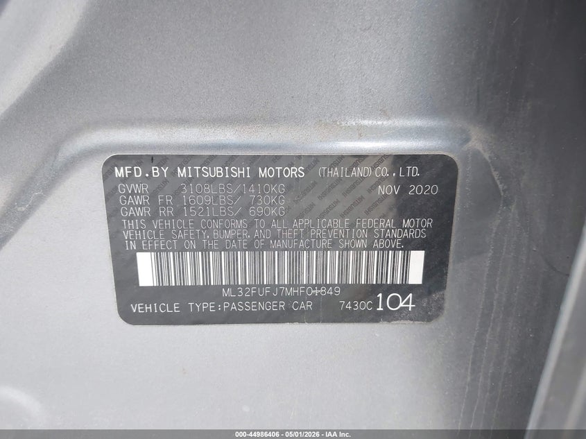 2021 Mitsubishi Mirage VIN ML32FUFJ7MHF01849 IAAI salvage auction — FRONT END, Salvage (Georgia), sold $1,500 on 2026-07-09 (photo 9)