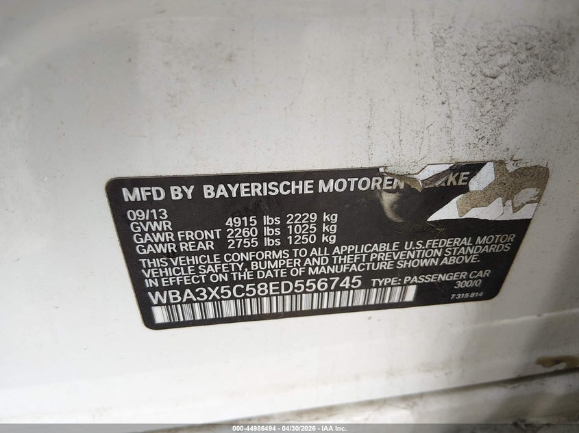 2014 BMW 3er VIN WBA3X5C58ED556745 IAAI salvage auction — FRONT END, Salvage (New Jersey), sold $700 on 2026-08-17 (photo 9)