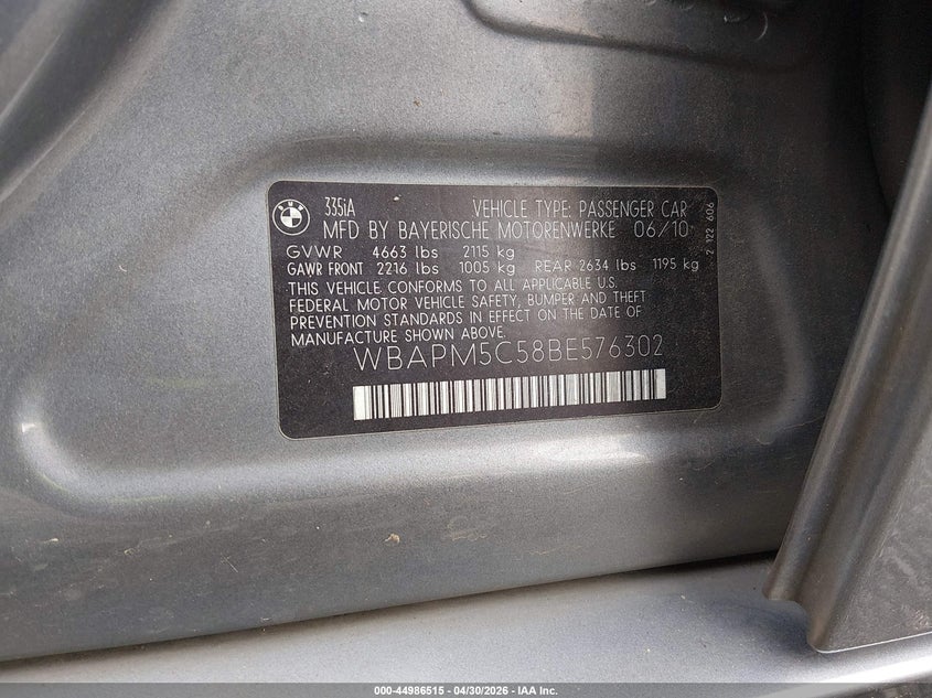 2011 BMW 3 series VIN WBAPM5C58BE576302 IAAI salvage auction — SIDE, Salvage (South Carolina), sold $2,150 on 2026-07-09 (photo 9)