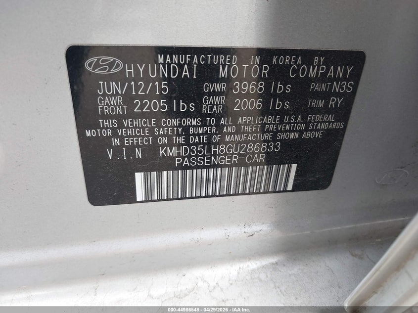 2016 Hyundai Elantra VIN KMHD35LH8GU286833 IAAI salvage auction — RIGHT FRONT, Salvage Title, sold $1,000 on 2026-07-12 (photo 9)