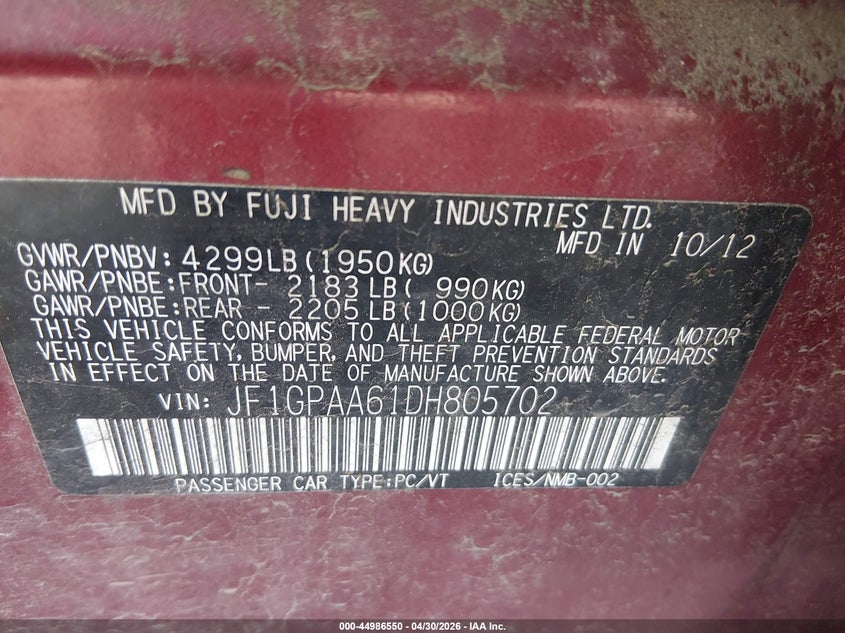 2013 Subaru Impreza VIN JF1GPAA61DH805702 IAAI salvage auction — ROLLOVER, Salvage (West Virginia), sold $175 on 2026-07-09 (photo 9)