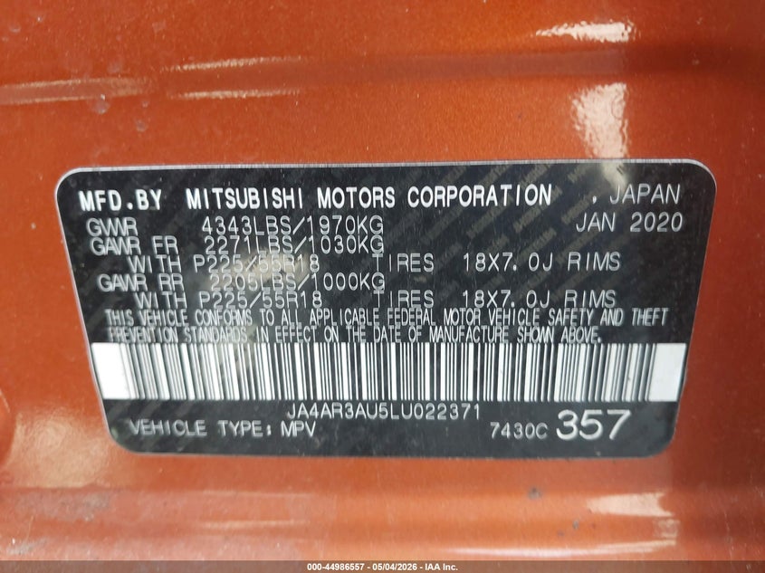 2020 Mitsubishi Outlander VIN JA4AR3AU5LU022371 IAAI salvage auction — FRONT & REAR, Salvage (Massachusetts), sold $4,050 on 2026-07-25 (photo 9)