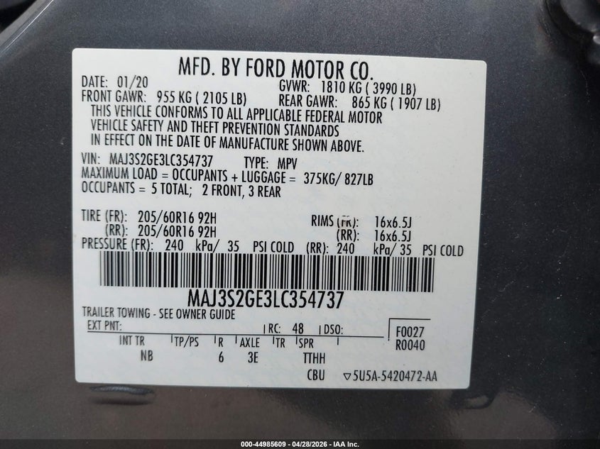 2020 Ford Ecosport VIN MAJ3S2GE3LC354737 IAAI salvage auction — FRONT END, Mv-907A (New York), sold $2,100 on 2026-07-08 (photo 9)