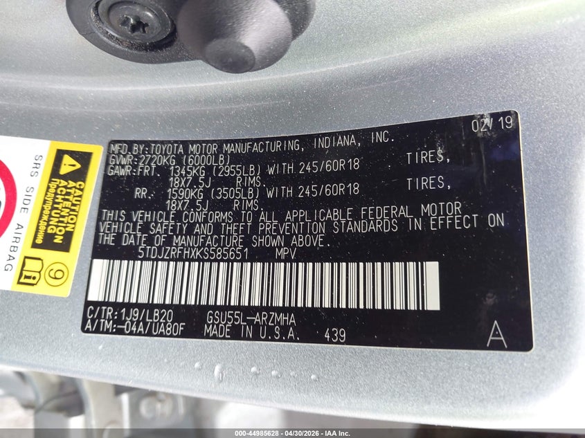 2019 Toyota Highlander VIN 5TDJZRFHXKS585651 IAAI salvage auction — LEFT SIDE, Salvage - Greater Than 75% (Maryland), sold $7,800 on 2026-07-06 (photo 9)