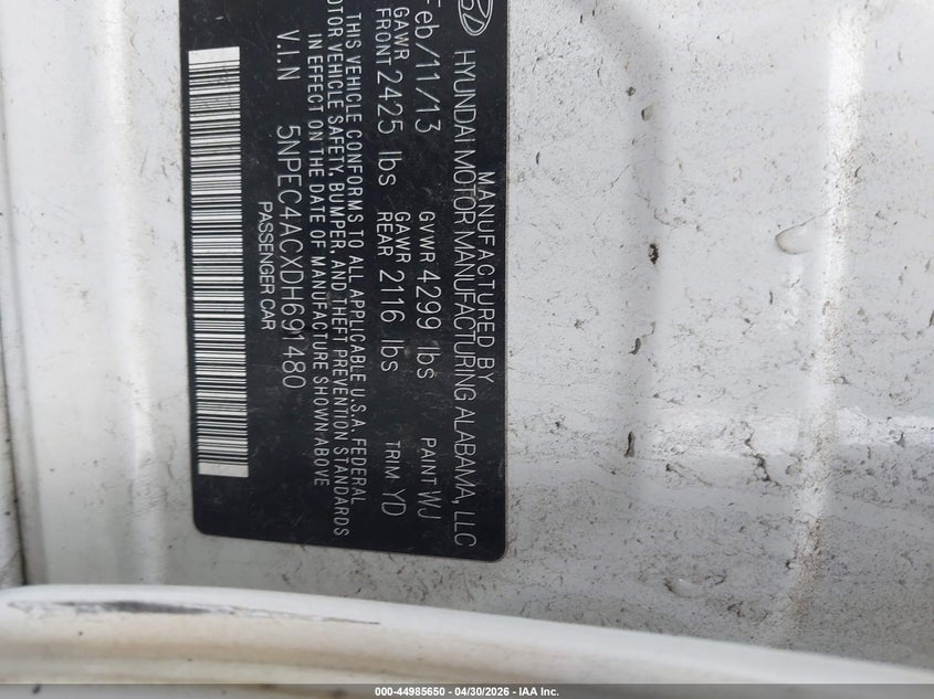 2013 Hyundai Sonata VIN 5NPEC4ACXDH691480 IAAI salvage auction — FRONT END, Salvage (Pennsylvania), sold $475 on 2026-07-20 (photo 9)
