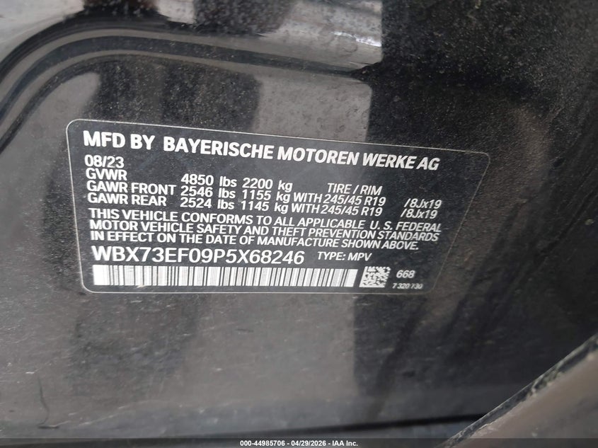 2023 BMW X1 VIN WBX73EF09P5X68246 IAAI salvage auction — FRONT END, Salvage Title, sold $11,250 on 2026-07-13 (photo 9)