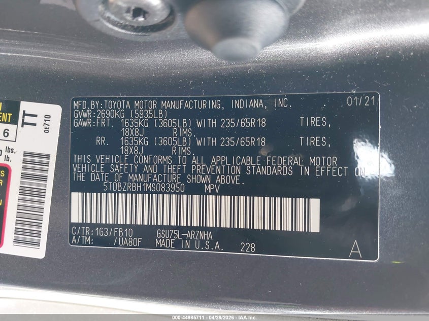 2021 Toyota Highlander VIN 5TDBZRBH1MS083950 IAAI salvage auction — FRONT END, Mv-907A (New York), sold $10,200 on 2026-07-21 (photo 9)
