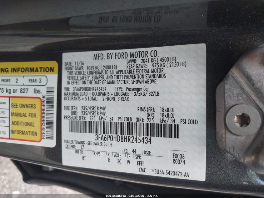 2017 Ford Fusion VIN 3FA6P0HD8HR245434 IAAI salvage auction — HAIL, Salvage (Ohio), sold $2,450 on 2026-07-24 (photo 9)