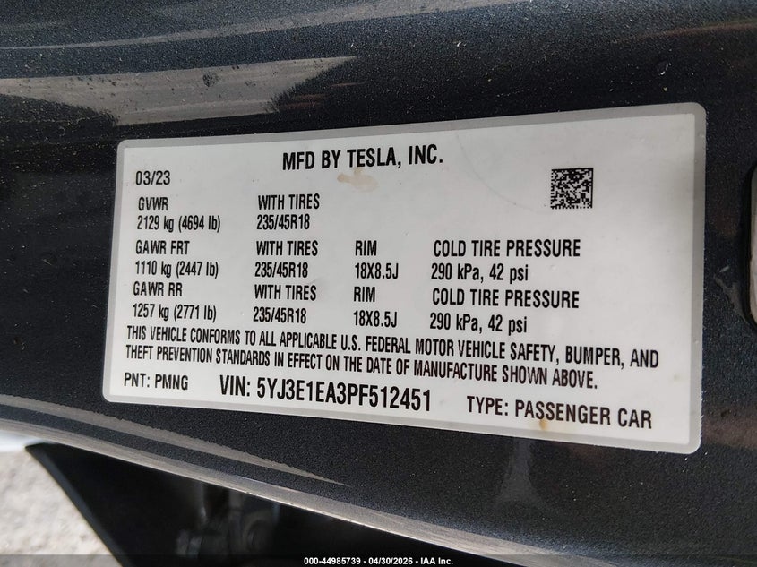 2023 Tesla Model 3 VIN 5YJ3E1EA3PF512451 IAAI salvage auction — REAR END, Salvage (New Jersey), sold $8,650 on 2026-07-16 (photo 9)