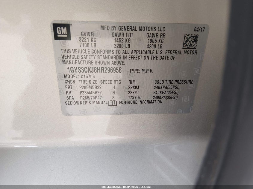 2017 Cadillac Escalade VIN 1GYS3CKJ8HR296958 IAAI salvage auction — FRONT END, Wait Title, sold $7,875 on 2026-07-29 (photo 9)