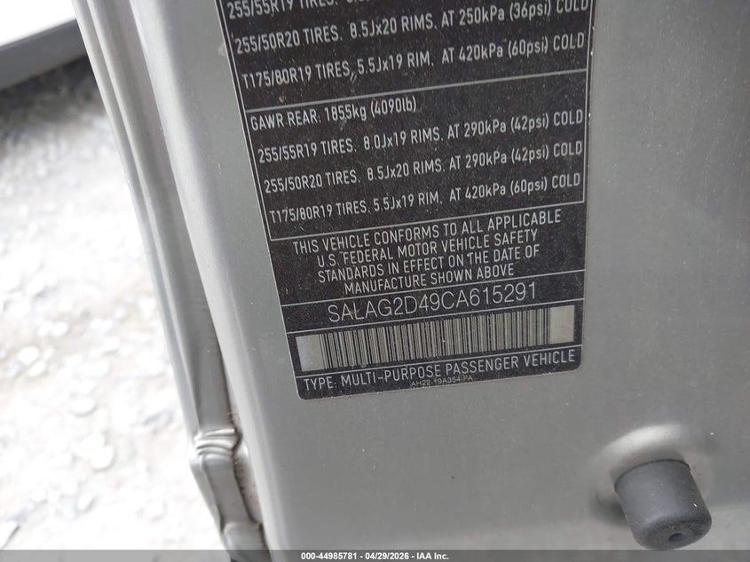 2012 Land rover Lr4 VIN SALAG2D49CA615291 IAAI salvage auction — FRONT END, Salvage Title, sold $2,025 on 2026-07-14 (photo 9)