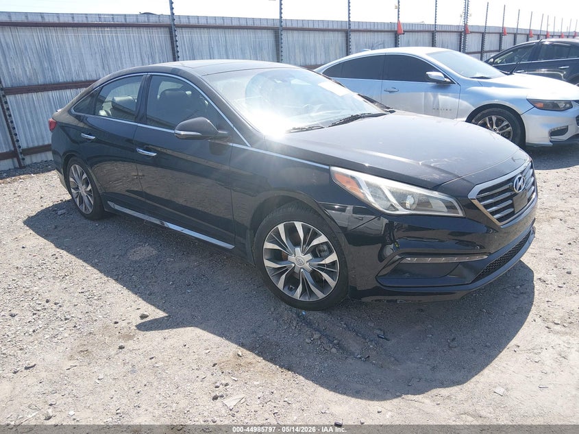 2015 Hyundai Sonata VIN 5NPE34AB8FH143570 IAAI salvage auction — LEFT SIDE, Wait Title, sold $1,450 on 2026-08-21 (photo 1)