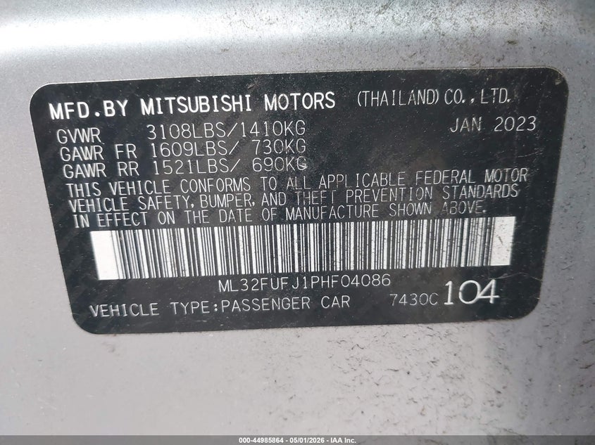 2023 Mitsubishi Mirage VIN ML32FUFJ1PHF04086 IAAI salvage auction — FRONT END, Salvage (Idaho), sold $1,550 on 2026-07-23 (photo 9)