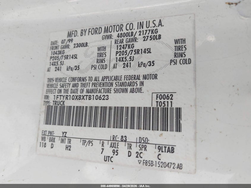1999 Ford Ranger VIN 1FTYR10X8XTB10623 IAAI salvage auction — NORMAL WEAR, Sf97 (Maryland), sold $200 on 2026-07-21 (photo 9)
