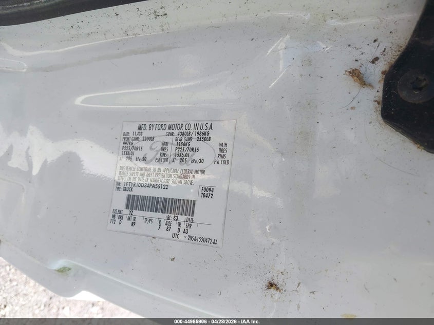 2004 Ford Ranger VIN 1FTYR10D34PA55122 IAAI salvage auction — FRONT END, Sf97 (Maryland), sold $225 on 2026-07-21 (photo 9)