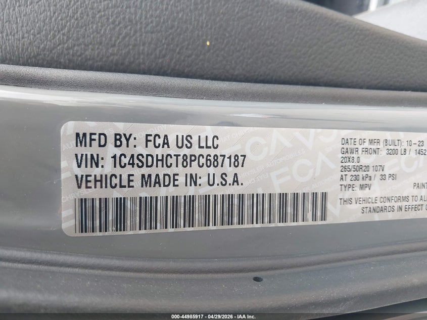 2023 Dodge Durango VIN 1C4SDHCT8PC687187 IAAI salvage auction — FRONT END, Original (Texas), sold $8,800 on 2026-07-29 (photo 9)