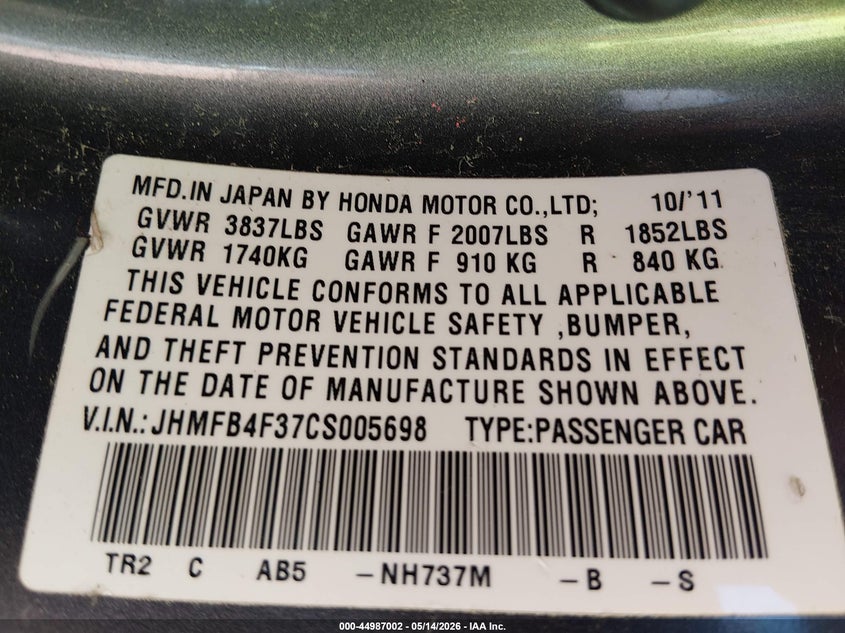 2012 Honda Civic VIN JHMFB4F37CS005698 IAAI salvage auction — FRONT END, Salvage (Mississippi), sold $450 on 2026-07-16 (photo 9)