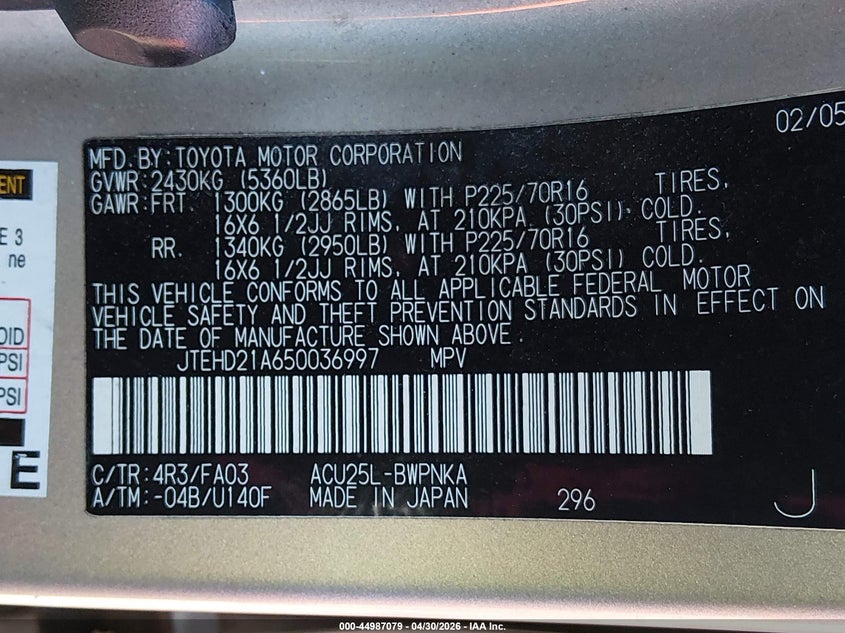 2005 Toyota Highlander VIN JTEHD21A650036997 IAAI salvage auction — NORMAL WEAR, Original (Kentucky), sold $800 on 2026-07-06 (photo 9)
