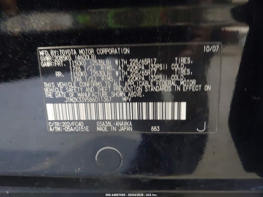 2008 Toyota Rav 4 VIN JTMZK33V586011367 IAAI salvage auction — FRONT END, Salvage (North Carolina), sold $575 on 2026-07-09 (photo 9)