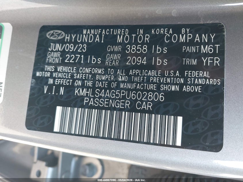2023 Hyundai Elantra VIN KMHLS4AG5PU602806 IAAI salvage auction — RIGHT FRONT, Salvage - Greater Than 75% (Maryland), sold $4,050 on 2026-07-06 (photo 9)