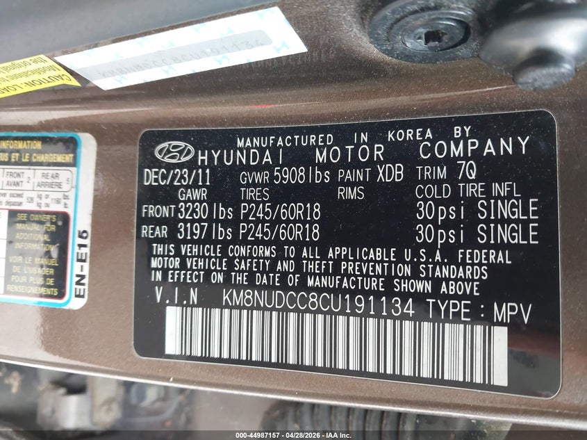 2012 Hyundai Veracruz VIN KM8NUDCC8CU191134 IAAI salvage auction — NORMAL WEAR, Clear (Virginia), sold $350 on 2026-07-31 (photo 9)