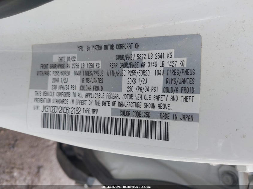 2022 Mazda Cx-9 VIN JM3TCBDY2N0612182 IAAI salvage auction — FRONT & REAR, Clear (Oklahoma), sold $4,650 on 2026-07-15 (photo 9)