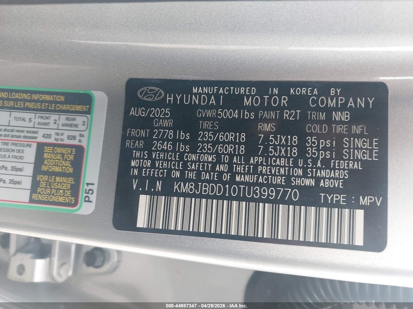 2026 Hyundai Tucson VIN KM8JBDD10TU399770 IAAI salvage auction — FRONT END, Salvage - 75% Or Less (Maryland), sold $7,900 on 2026-07-06 (photo 9)