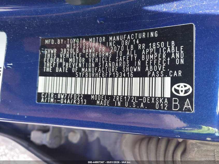 2015 Toyota Corolla VIN 5YFBURHE6FP193416 IAAI salvage auction — FRONT END, Clear (Oklahoma), sold $2,150 on 2026-07-13 (photo 9)
