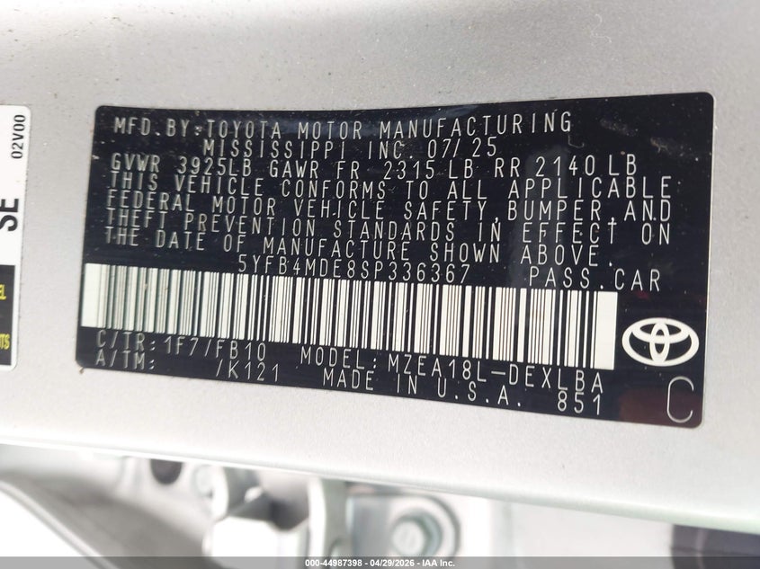 2025 Toyota Corolla VIN 5YFB4MDE8SP336367 IAAI salvage auction — FRONT END, Salvage Title, sold $5,900 on 2026-07-27 (photo 9)