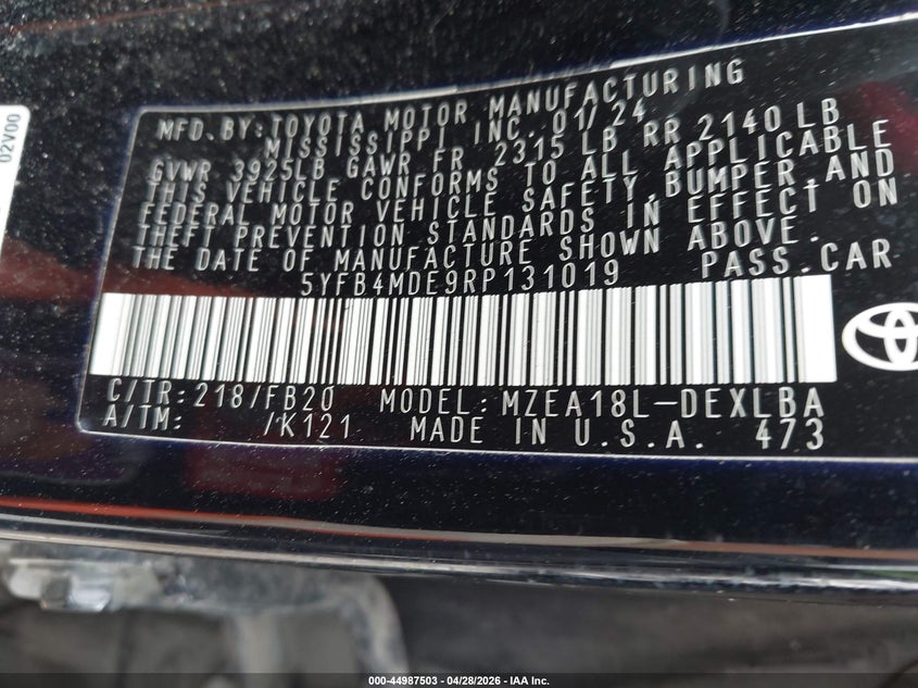 2024 Toyota Corolla VIN 5YFB4MDE9RP131019 IAAI salvage auction — FRONT & REAR, Salvage Title, sold $4,850 on 2026-07-21 (photo 9)