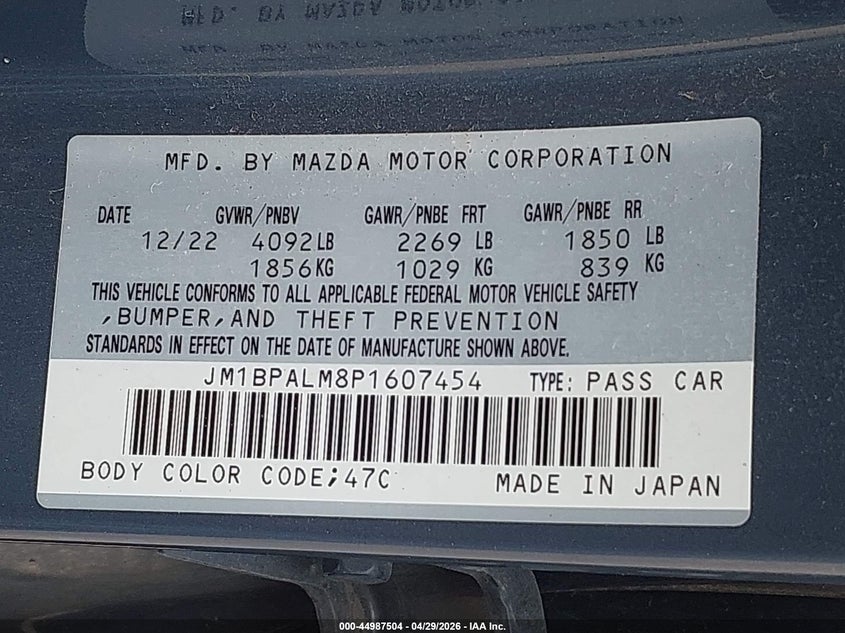 2023 Mazda 3 VIN JM1BPALM8P1607454 IAAI salvage auction — REAR END, Salvage (Kansas), sold $3,650 on 2026-07-15 (photo 9)