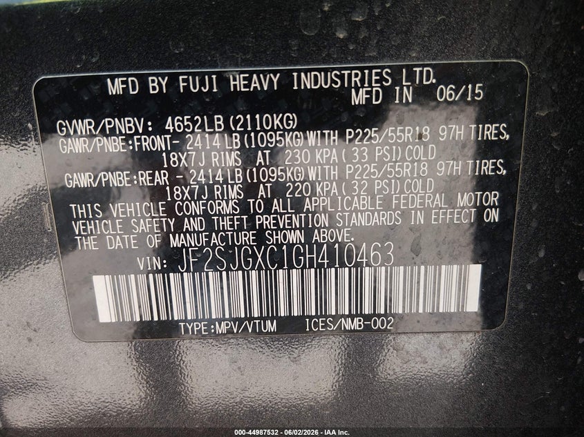 2016 Subaru Forester VIN JF2SJGXC1GH410463 IAAI salvage auction — HAIL, Clear (Wisconsin), sold $3,650 on 2026-07-15 (photo 9)