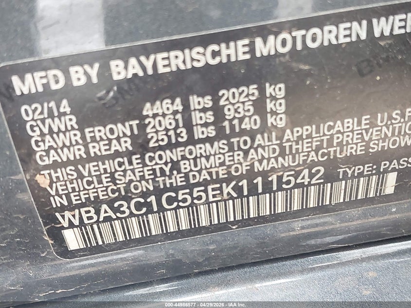 2014 BMW 3er VIN WBA3C1C55EK111542 IAAI salvage auction — FRONT END, Salvage Title, sold $1,050 on 2026-07-27 (photo 9)