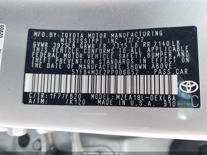 2023 Toyota Corolla VIN 5YFB4MDE2PP006652 IAAI salvage auction — RIGHT SIDE, Salvage Title, sold $4,550 on 2026-07-06 (photo 9)