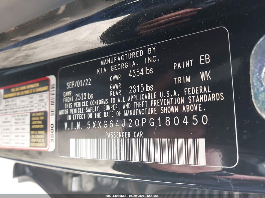 2023 Kia K5 VIN 5XXG64J20PG180450 IAAI salvage auction — FRONT END, Salvage Title, sold $1,750 on 2026-07-23 (photo 9)