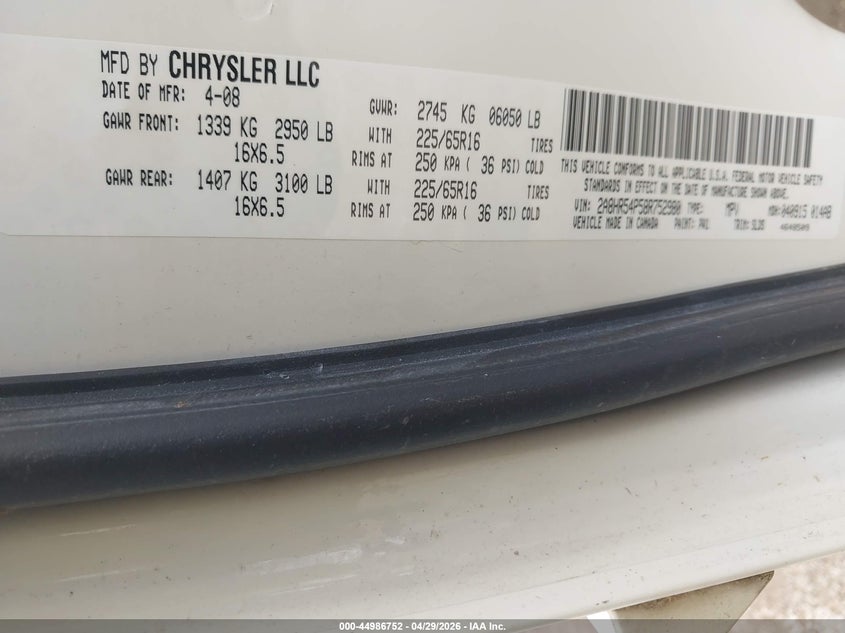2008 Chrysler Town & country VIN 2A8HR54P58R752980 IAAI salvage auction — NORMAL WEAR, Clear (Indiana), sold $450 on 2026-07-11 (photo 9)