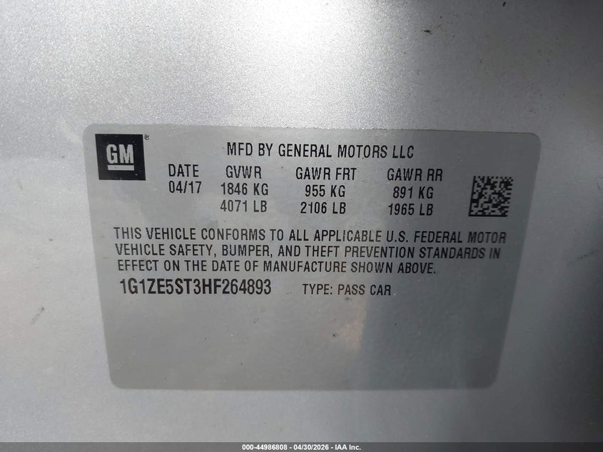 2017 Chevrolet Malibu VIN 1G1ZE5ST3HF264893 IAAI salvage auction — SIDE, Salvage - Greater Than 75% (Maryland), sold $2,400 on 2026-07-25 (photo 9)